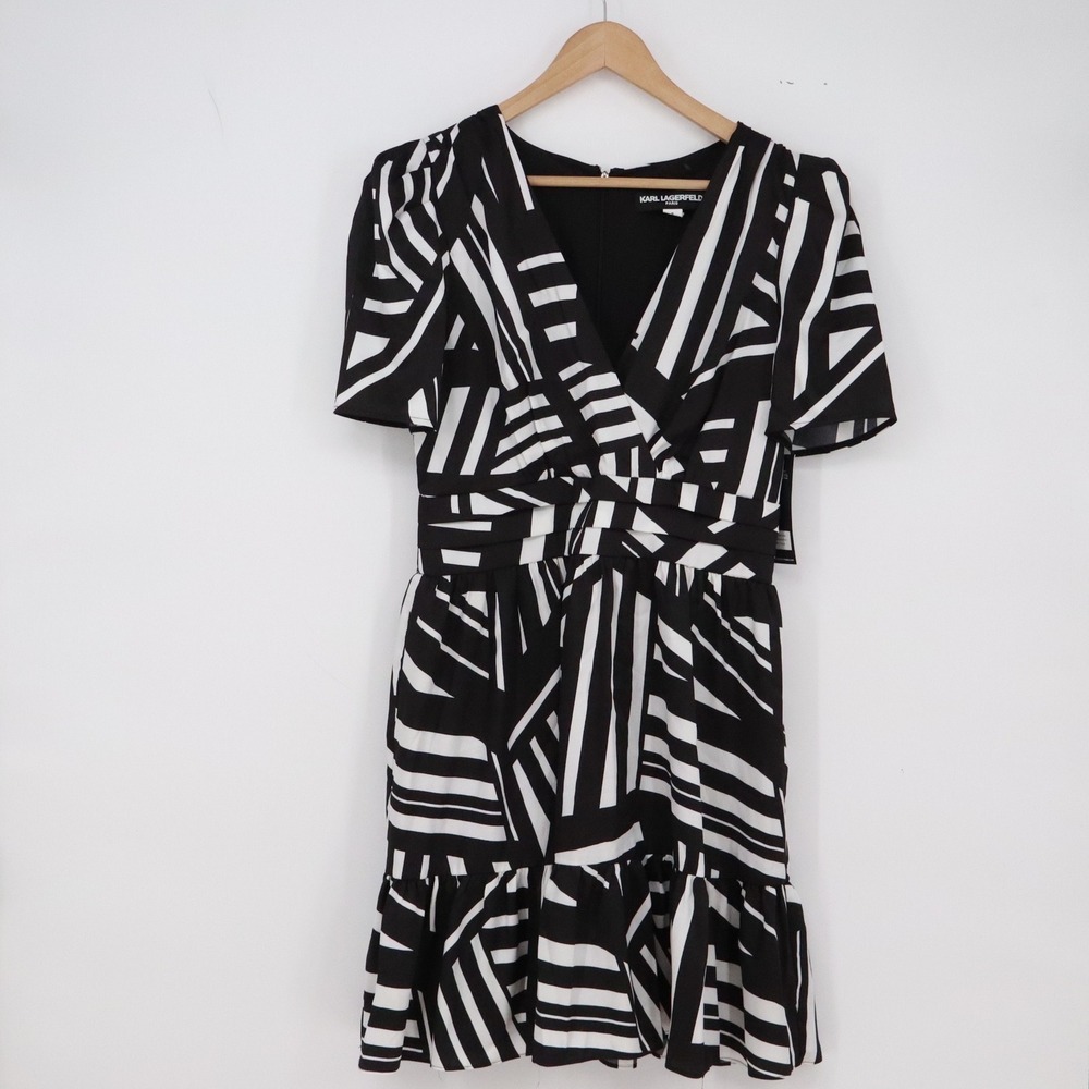 Karl Lagerfeld Dress Womens 8 Black White Geometric Ruffle NEW